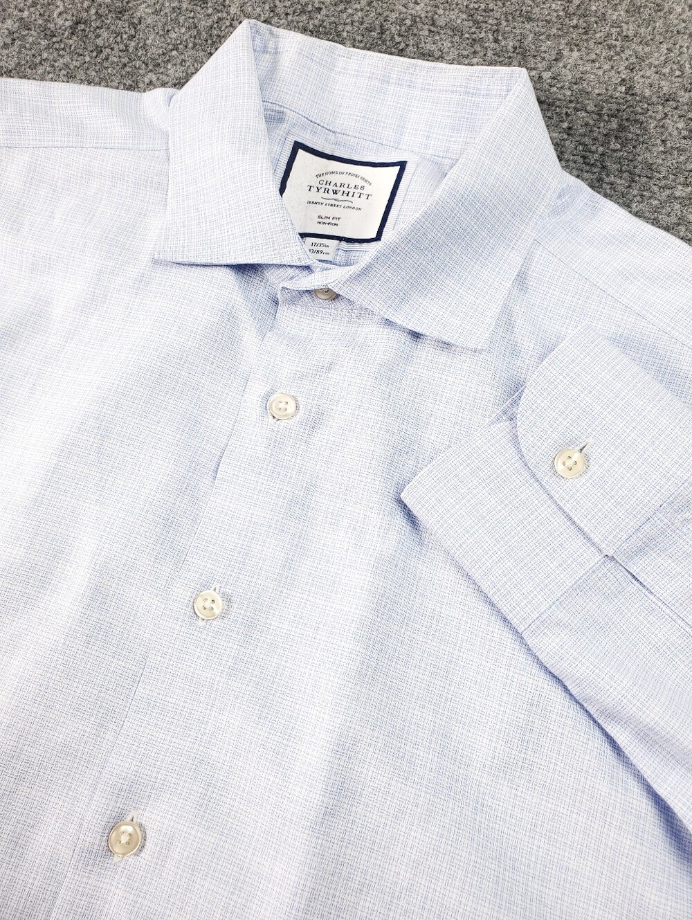 Charles Tyrwhitt Dress Shirt 17 35 Slim Fit Non Iron Micro Check Light Blue